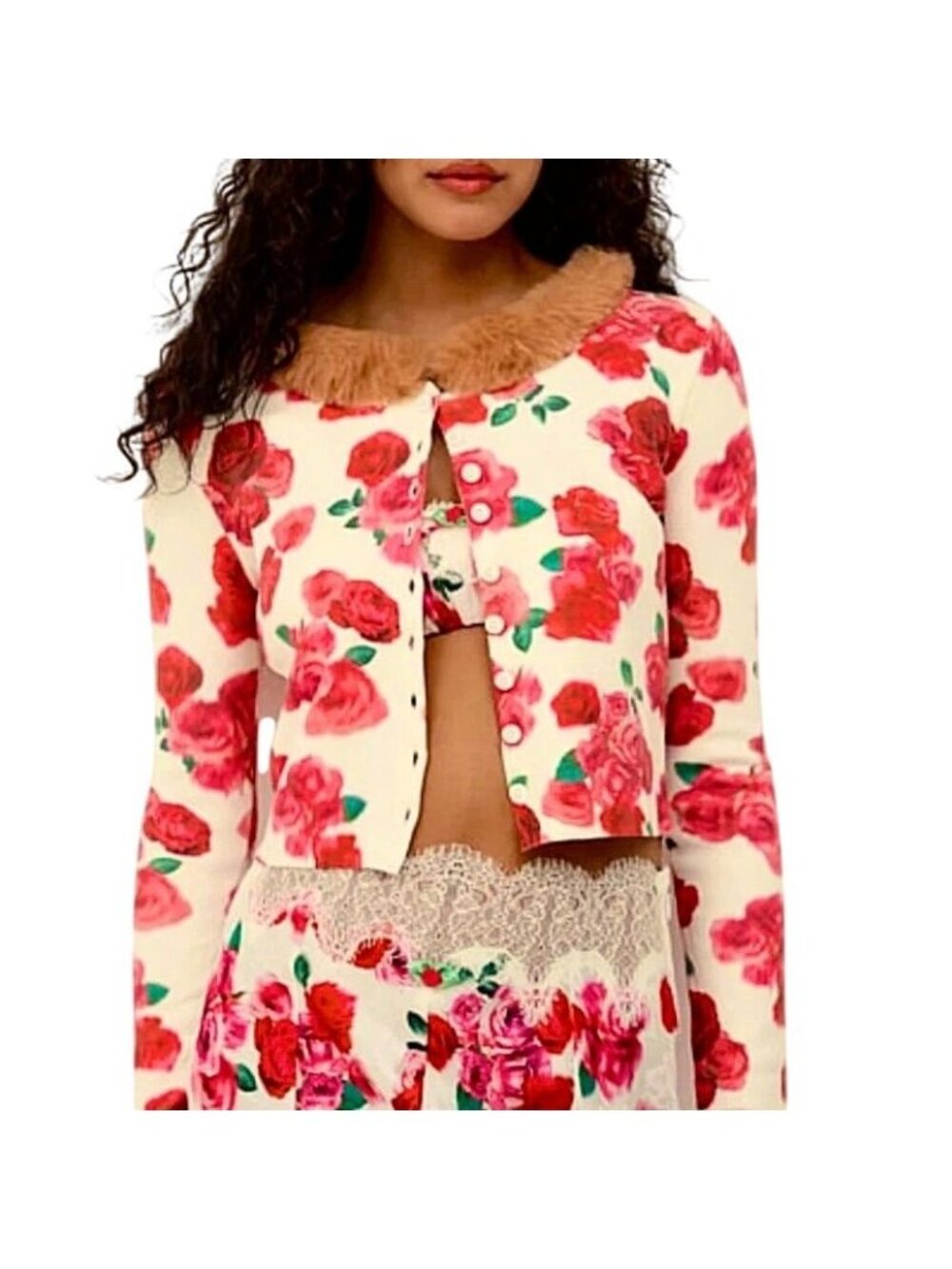 For Love & Lemons Carol Cardigan XL Royal Rose Floral Faux Fur Cropped
